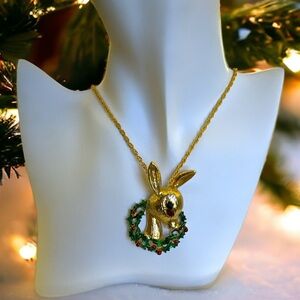 Vintage Reindeer Enamel & Rhinestone Christmas Wreath Pendant Necklace